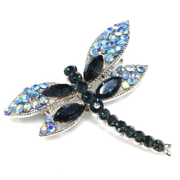 Dragonfly Brooch, Aurora Borealis, Deep Green Rhinestones, Silver Tone, 1 1/2 In